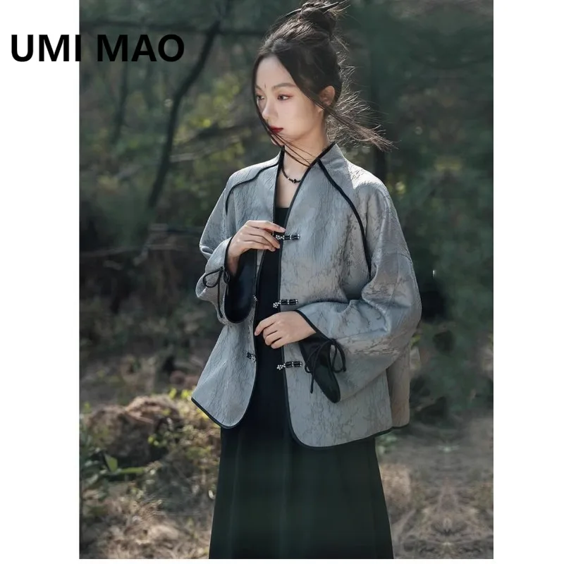 UMI MAO Silver Gray Chinese Style Jacket Women Spring Featuring A New Chinese Style Old Money Style Jacquard Retro Button Top