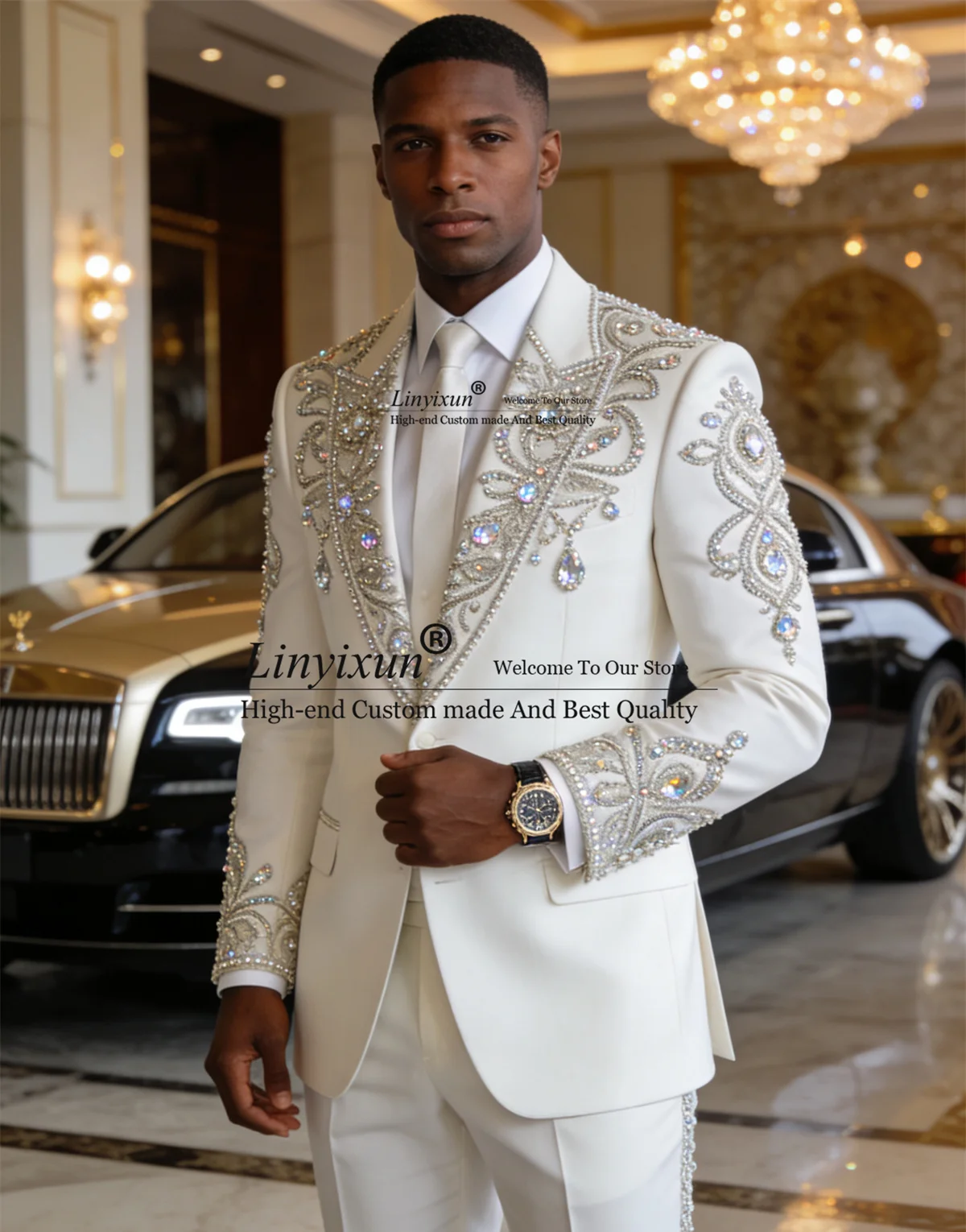 

Luxury Rhinestons Diamond Men Suits 2 Piece Sets Groom Tuxedos Customized Male Prom Blazers Wedding Slim Fit trajes para hombre