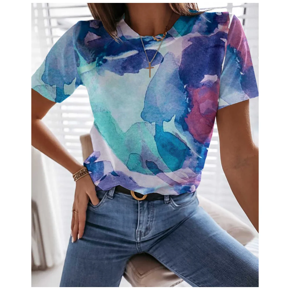 

3D Floral T-shirts For Women's O-neck T Shirt Short Sleeve Everyday Tops Female Loose Pullover Y2K Tee Shirt Women Clothing