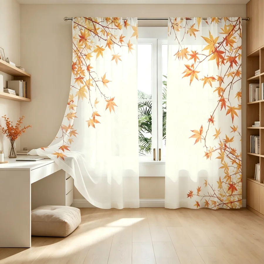 2PCS Digital Print Sheer Curtain, Maple Tree Branch Leaves Fall Autumn Window Drapes for Living Room Bedroom Home Decor