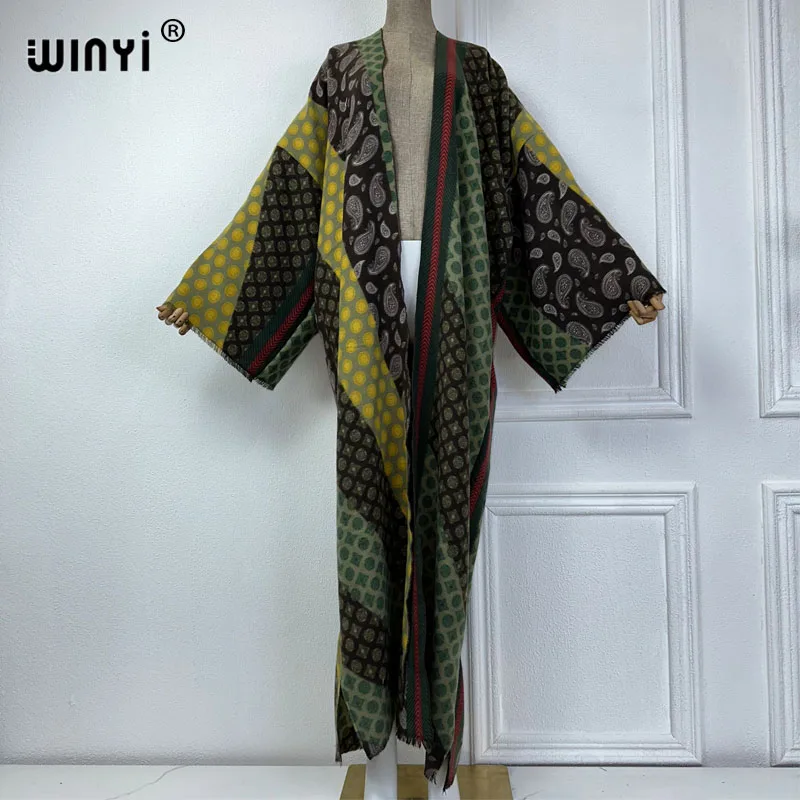 WINYI kimono winter dress for women Retro print Luxury Fur OverCoat Thick Warm coat fashion cardigan Middle East winter abaya