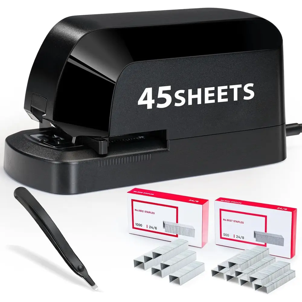 Desk Stapler Value Pack, 45-Sheet Capacity, 1500 Staples, Staple Remover, Jam-Free, Electric, Black