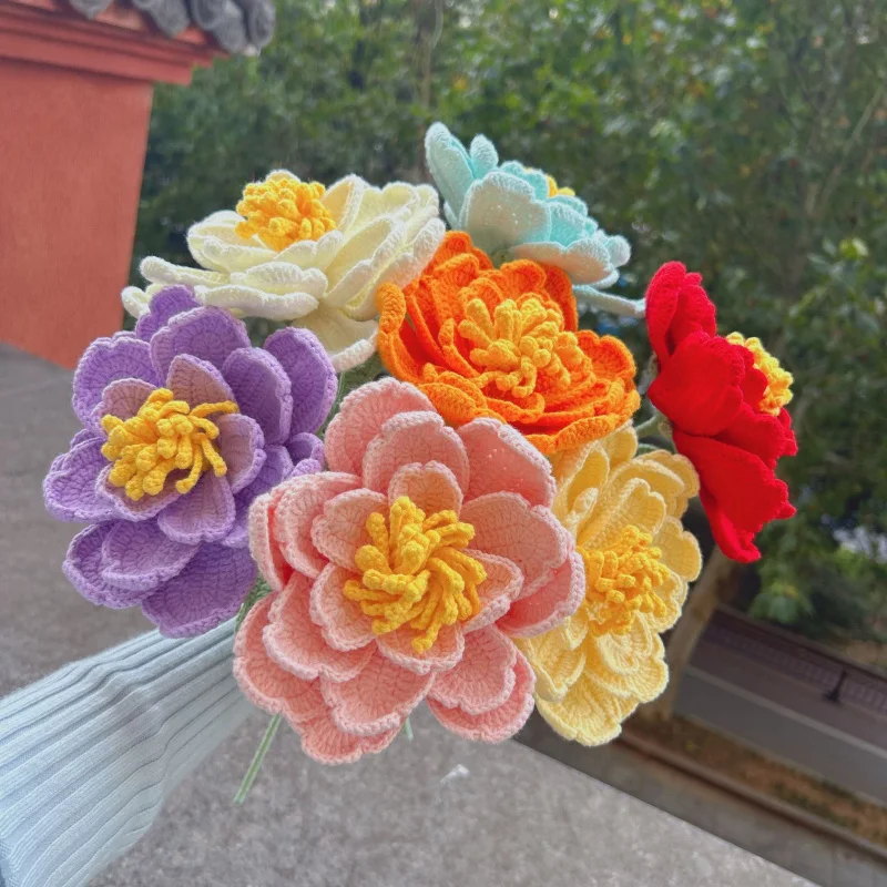 Finished Handmade Crochet Heavy Craft Extra Large Peony Bouquet Artificial Flower Yarn Knitting Gift for Friend or Mother
