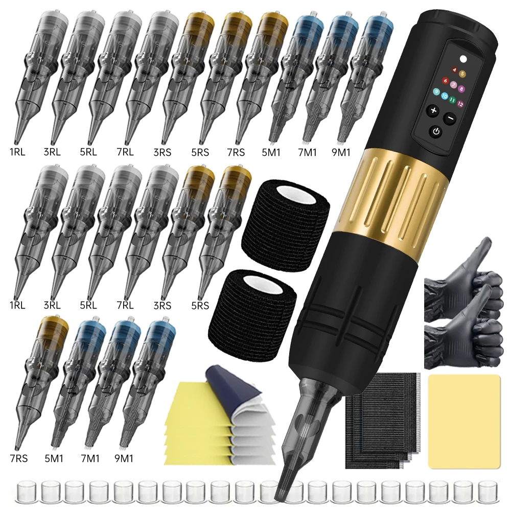 Kit máquina de tatuagem sem fio para tatuadores, Display Digital LED, Agulhas de cartucho misto, Curso ajustável, 3.5mm, 20pcs