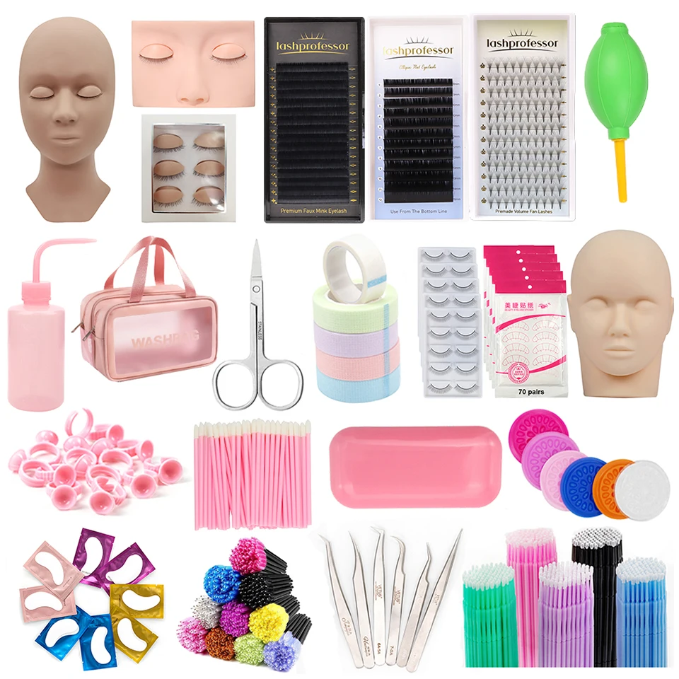 Kit de formation à l'extension de cils pour débutants, modèle de pratique, tête de Mannequin, coussinets pour les yeux, pincettes, pinceaux, ensemble de maquillage, pratique des cils