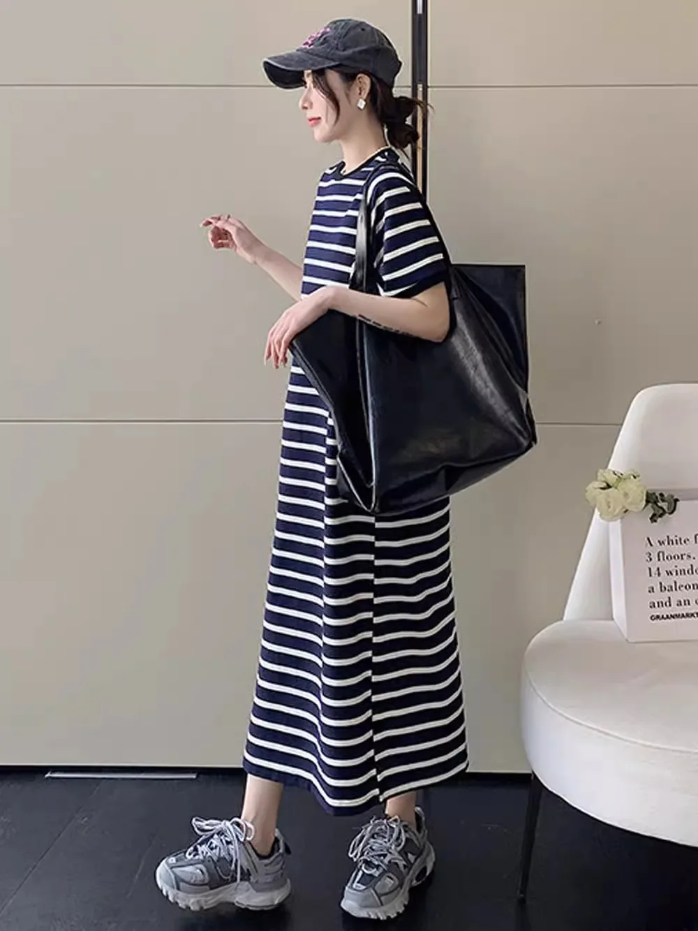 فستان نسائي كوري صيفي جديد من فيستدوس رداء Elbise فضفاض مقاس كبير من القطن بأكمام قصيرة مخطط فساتين طويلة غير رسمية لمنتصف الساق #5