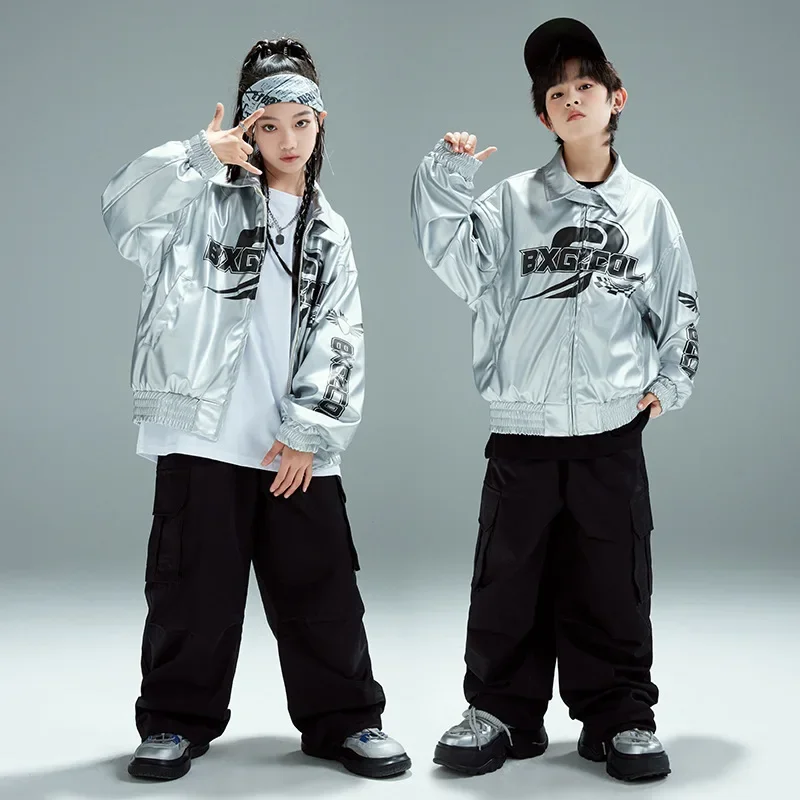 

Kids Old Boy Girl Street Wear Fashion Hiphop Loose Leather Bomber Jacket Cargo Pant Children Coat Trouser Stage Clothes Costume