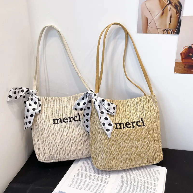 Sac à Main en Paille Tissé Simple et de Grande Capacité pour Femme, à Fermeture Éclair, avec Motif de Lettre, à la Mode