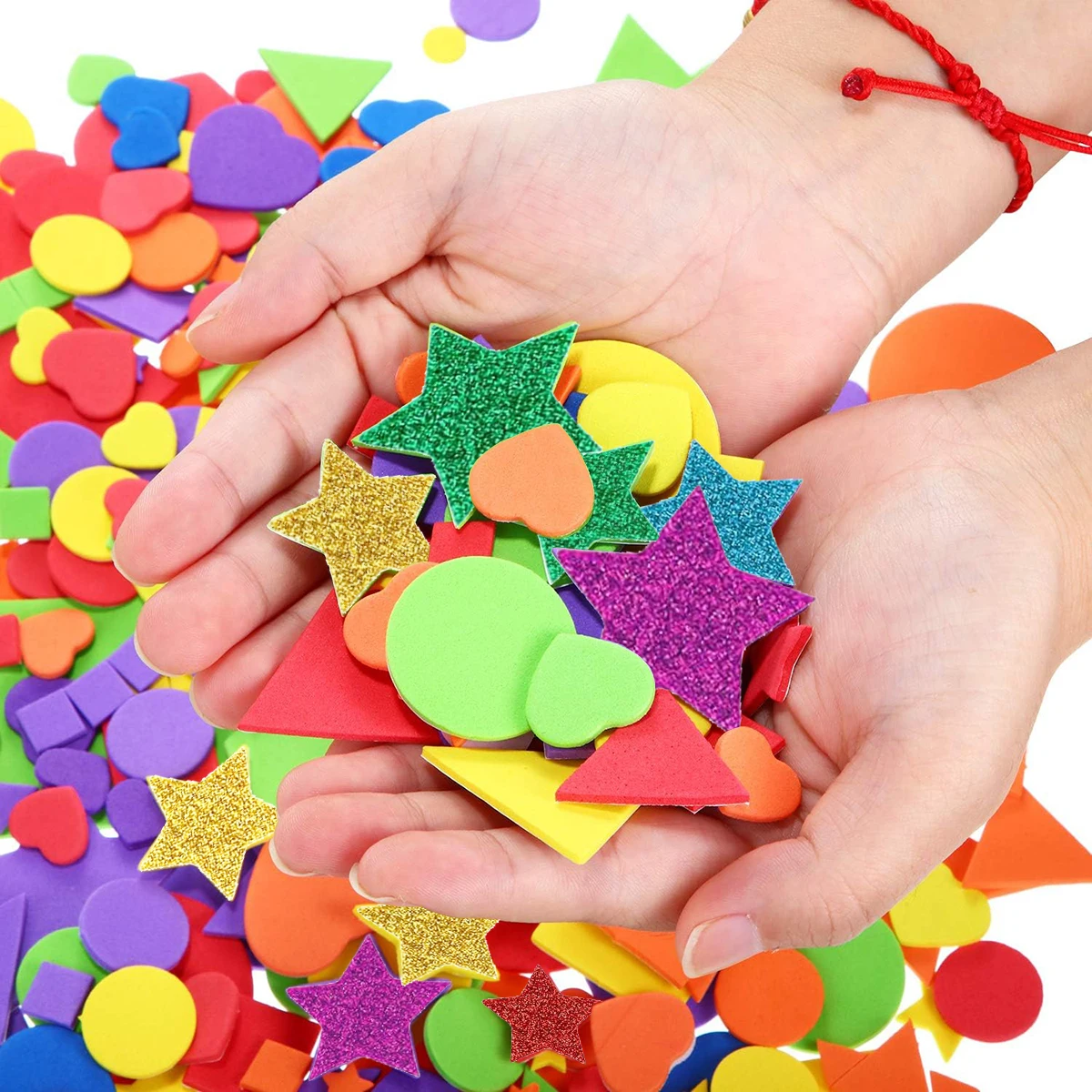 890pcs Assorted Self Adhesive Foam Shapes Stickers Mini Geometry EVA Glitter Star Stickers Kids DIY Art Craft, Circle, Square