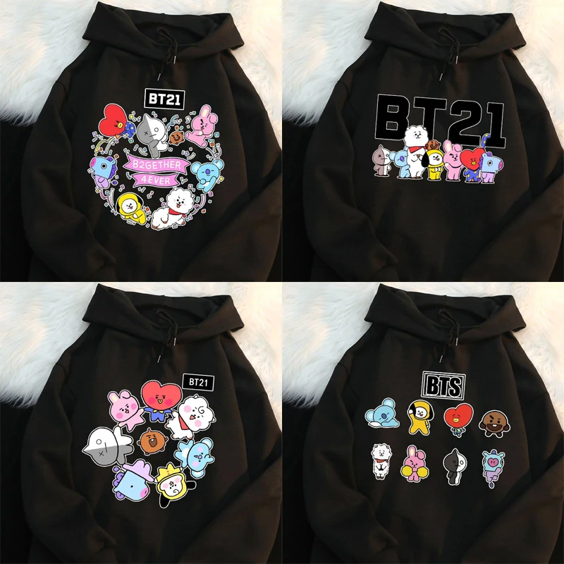 Bt21 анимационный мультяшный периферийный зимний свитшот с капюшоном для девочек и мальчиков, теплый флисовый топ, Kawaii Bt21 одежда в подарок