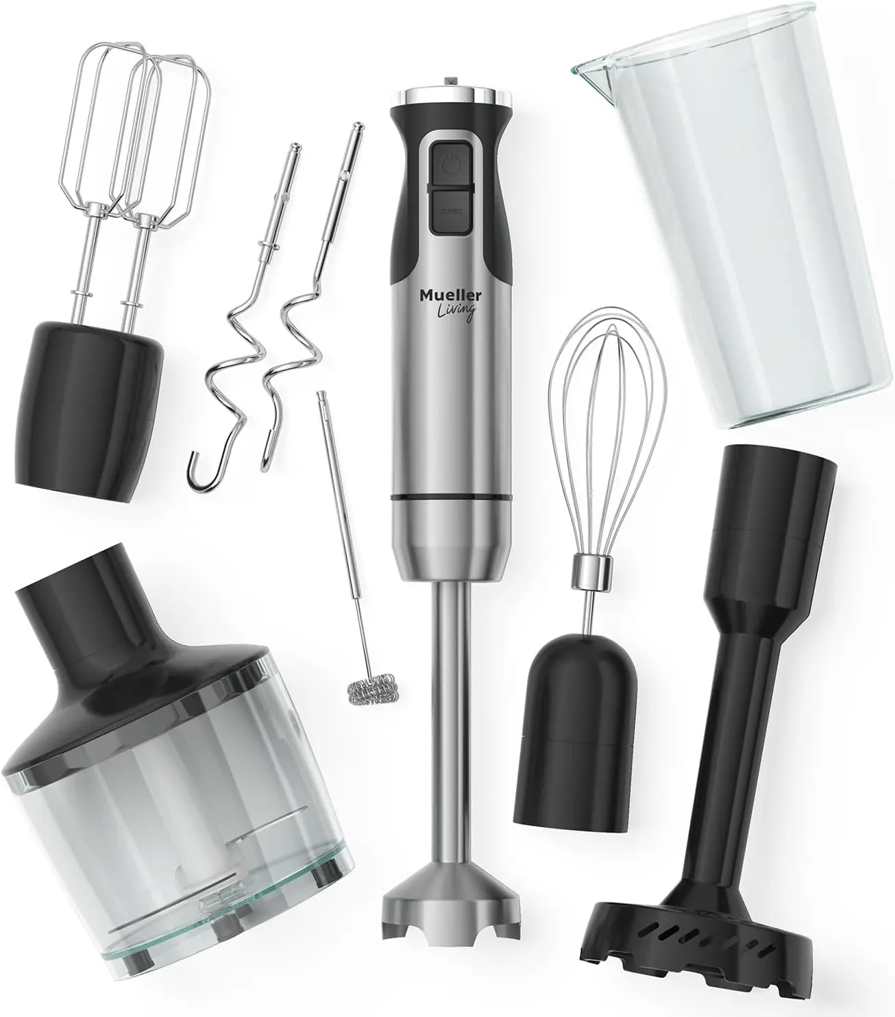 

MuellerLiving Immersion Hand Blender Full Set - 8 Speed Immersion Blender, Hand Mixer with 7 Attachments: Stainless Steel