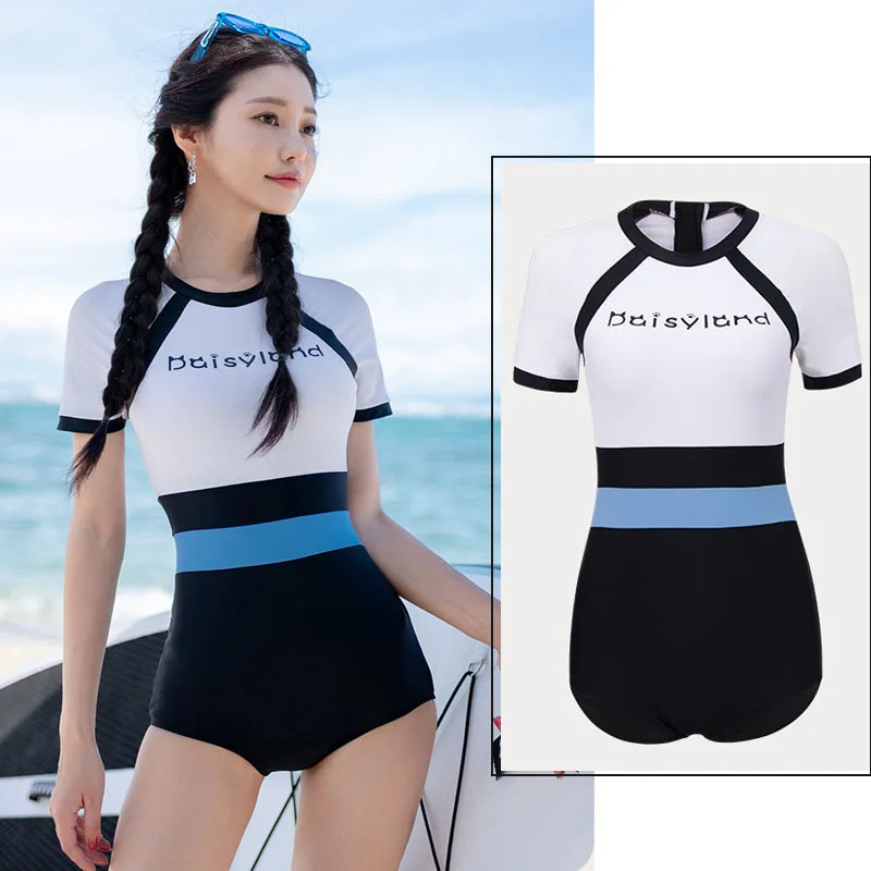 

Women Short Sleeve Rash Guard UV Protection Zipper Color Block Surfing One Piece Swimsuit Bathing Suit Retro Athletic Rashguards