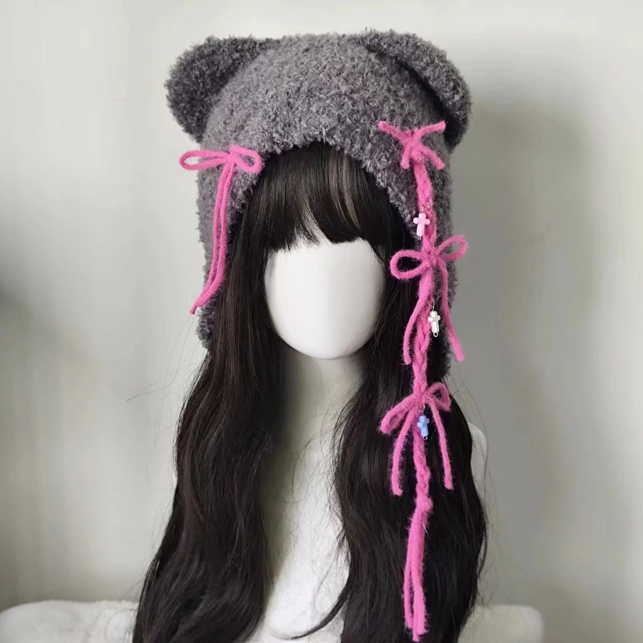 하라주쿠 일본 카와이 곰 귀 니트 모자 여성 소녀 Y2k 펑크 크로스 핑크 리본 서브컬쳐 달콤한 겨울 따뜻한 비니 모자