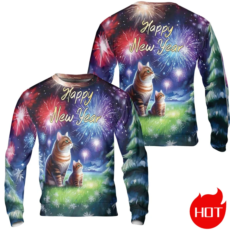 3D 2025 HAPPY NEW YEAR Printing Sweatshirts Hello 2025 Cat Lovers Graphic Round Neck Sweatshirts Women Fashion Streetwear Tops