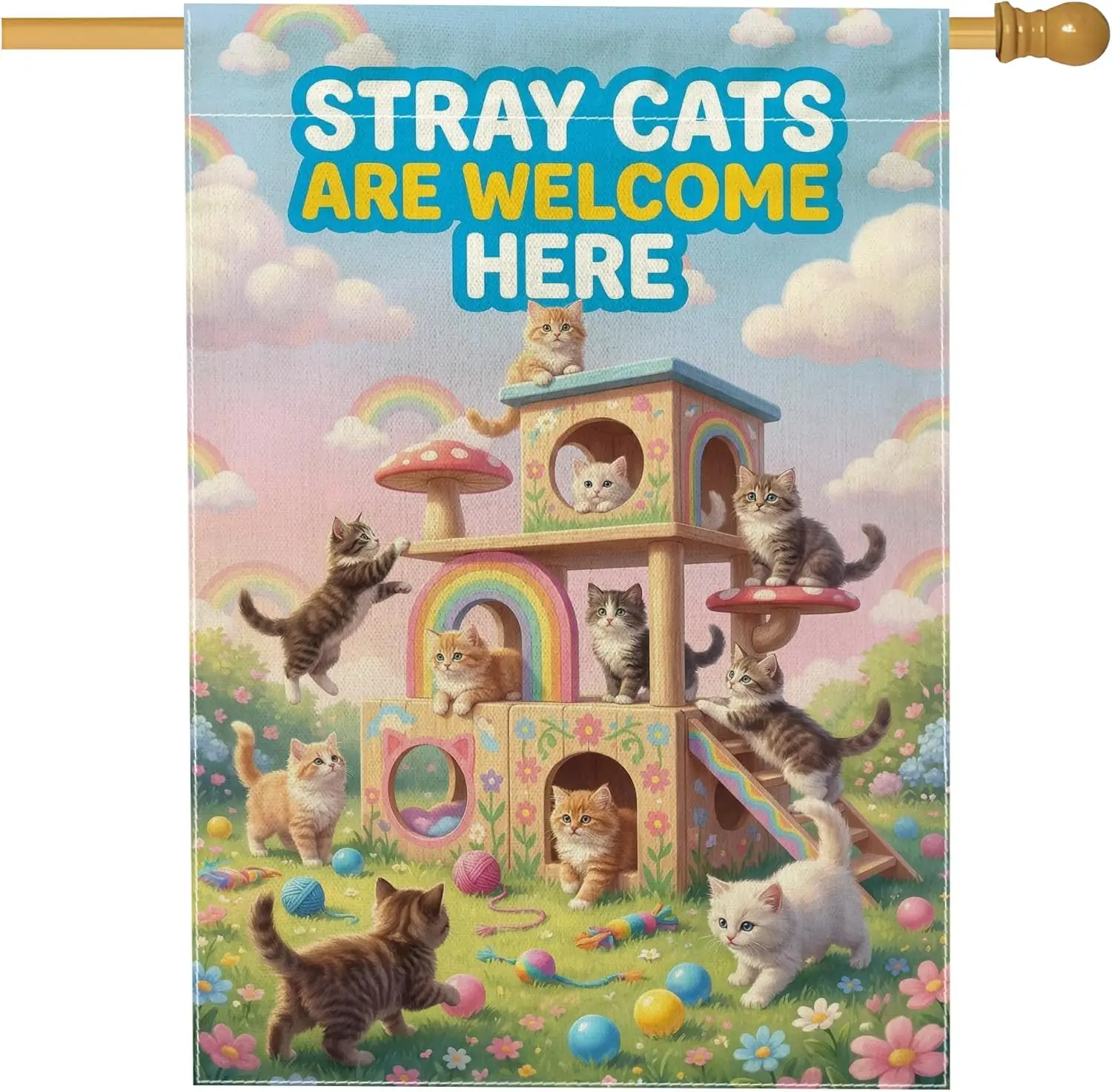 Cats House Flag, Fanciful Playful Rainbow Mushrooms Spring Peach Double Sided Burlap Outside Large Garden Flag for Outdoor P AAS