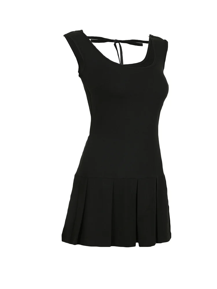 Hirigin-Vestido corto negro para mujer, minivestido Sexy sin mangas con Espalda descubierta, corte en A, liso, ajustado, para fiesta de verano