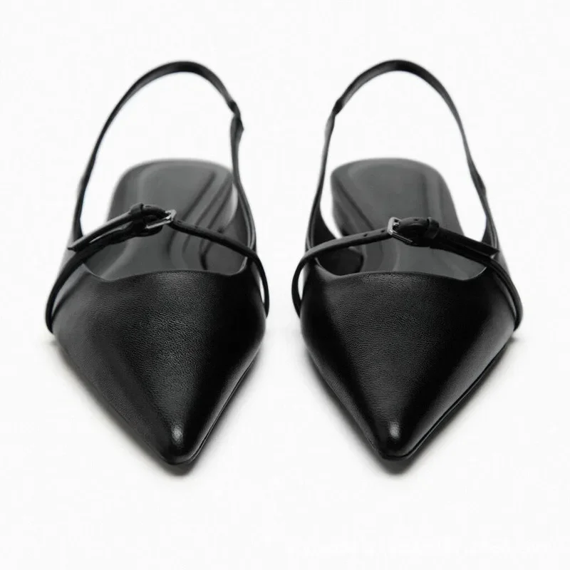 Slingback Flat Bottom Women Sandals Summer Black Leather Pointed Woman Ballet Shoes Fashion Low-heel Woman Shoes