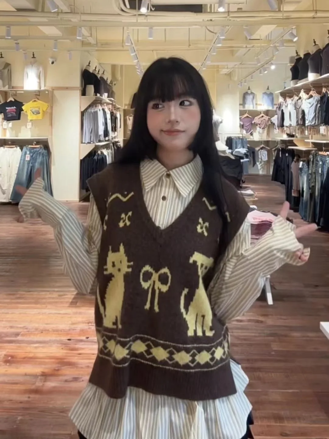 

Kimotimo Ретро кошачий жаккардовый вязаный жилет женский короткий свитер без рукавов с v-образным вырезом осень-зима милый модный пуловер Y2k