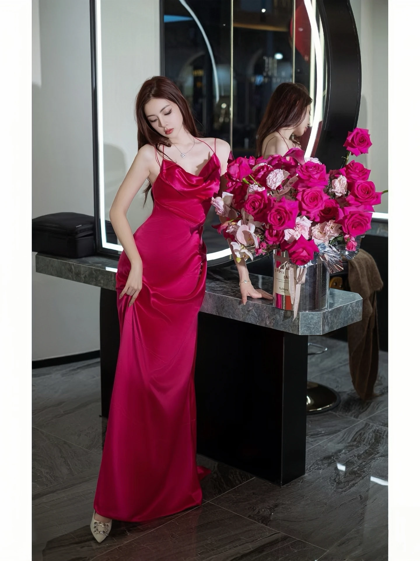

Rose Pink Cocktail Dress Mermaid Spaghetti Strap Draped Neckline Red Carpet Anniverasry Meeting Long Maxi Party Evening Gowns
