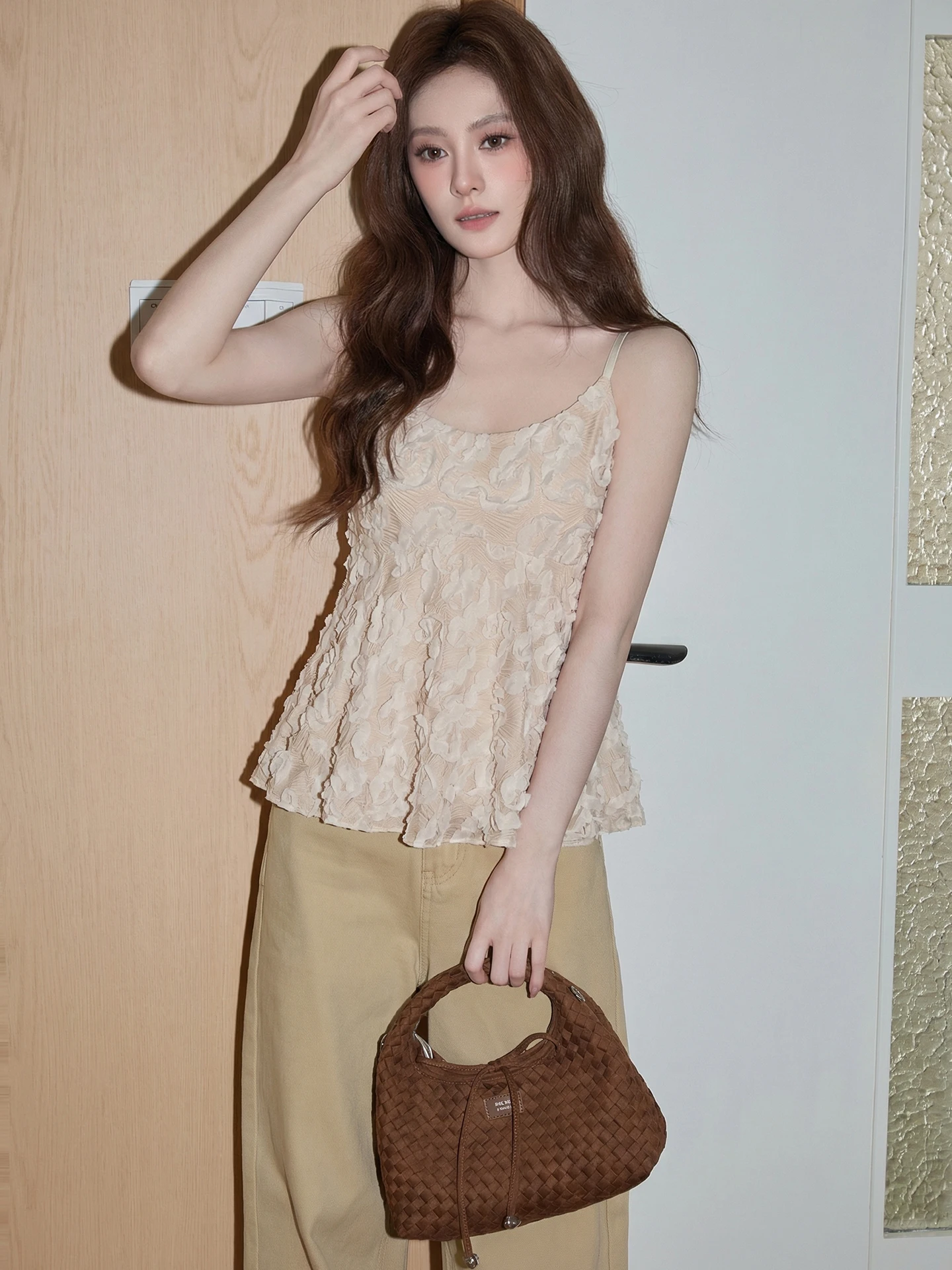 

Women's Pink Knitted ort Crop Top And Vest Set Summer New Sle Waist-Cinching Strap Outerwear Long Sve round Ne