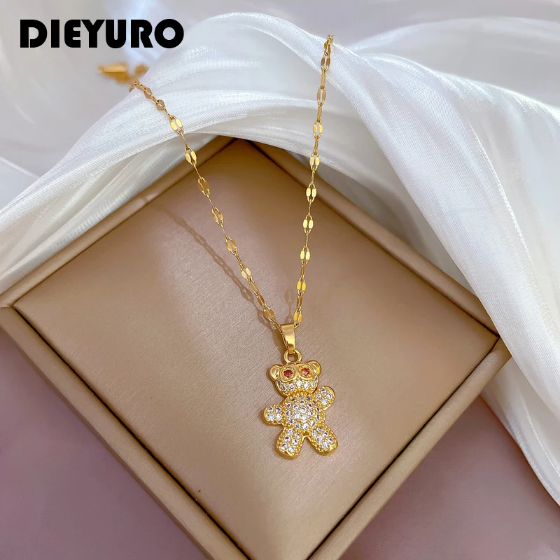 

DIEYURO 316L Stainless Steel Full Rhinestone Bear Pendant Necklace For Women Fashion Girls Clavicle Chain Birthday Jewelry Gifts