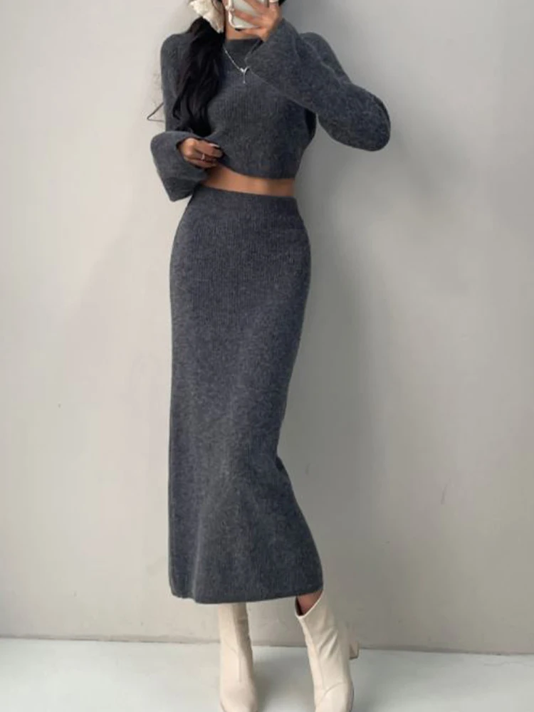 

Casual One Collar Pullover Knitted Sweater+High Waisted Skirt Two-Piece Set 2024 New Fashionable Women'S Clothing