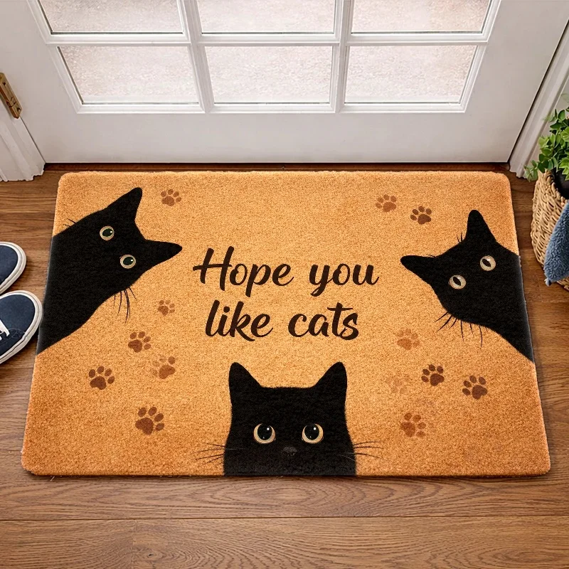 Cats Doormat Black Kitten Paw Print Indoor Floor Rug Entryway Carpet Low‑Profile Area Mat for Porch Hallway Cat Lover Decor