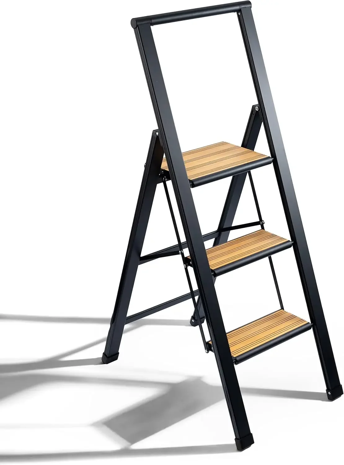 Ladder 3 Step Folding, Decorative - Beautiful Bamboo & Black Aluminum, Ultra Slim Profile, Anti Slip Steps, Sturdy-Portable