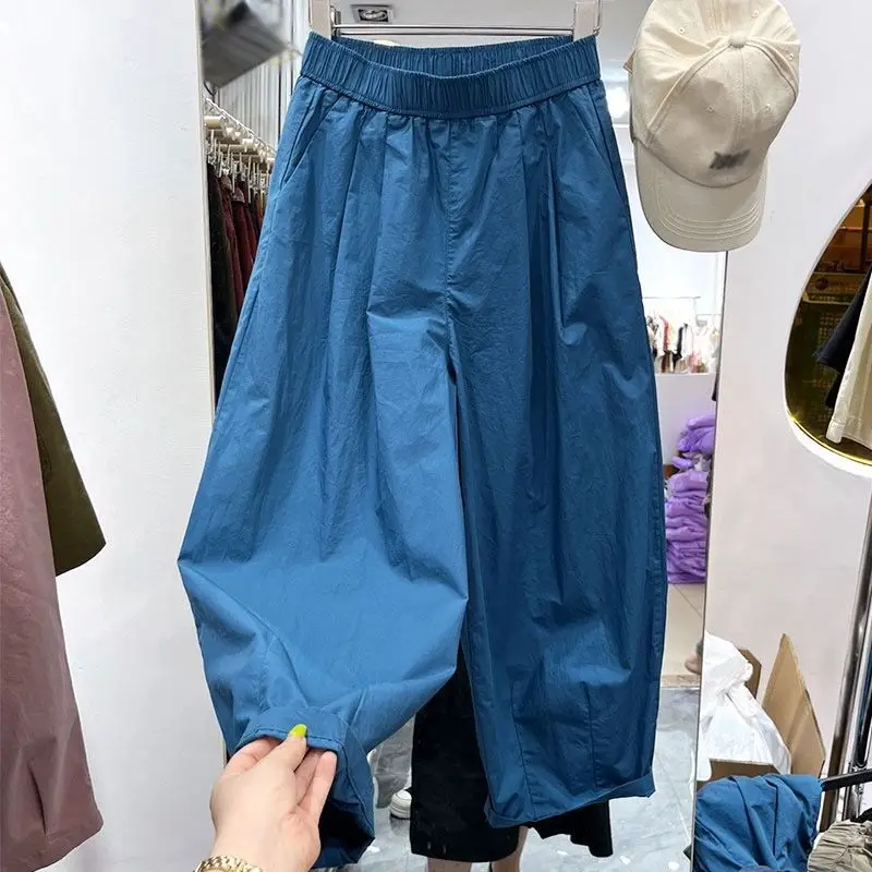 

Summer Harem Women Clothes Loose High Waist Casual Ankle-length Pants Ladies Simplicity Solid Color Elastic Waist Thin Trousers
