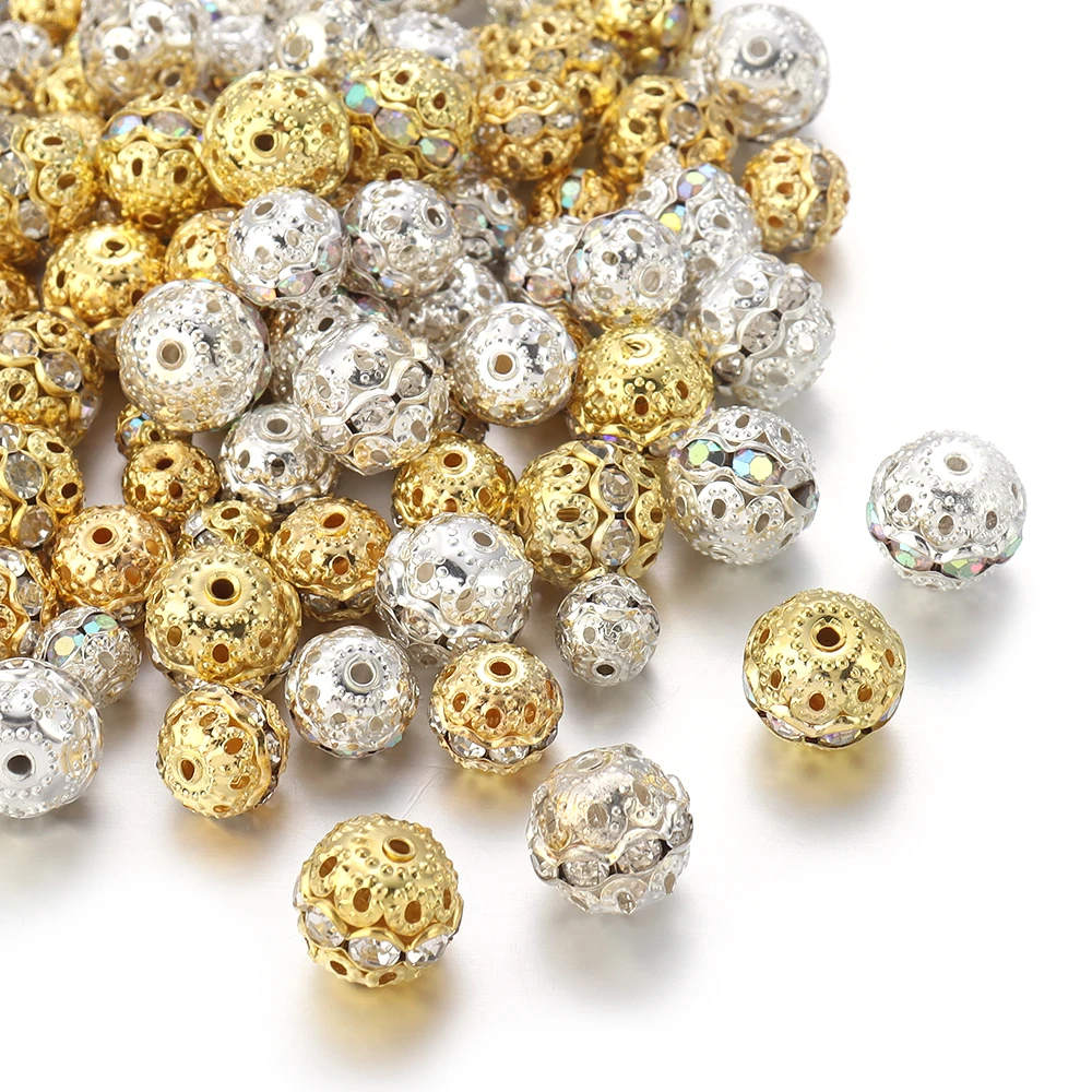 10 Stück Strass-Kugelperlen, 6, 8, 10, 12 mm, Metallkristall, hohle Perlen, lose Perlen für Schmuckherstellung, DIY-Armband, Halskette