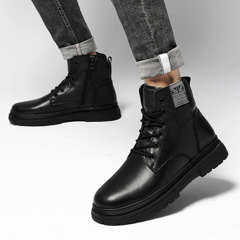 2023 New Men\'s Genuine Leather Boots Lace Up High Top Shoes Winter Men\'s Cotton Boots Office Business Short Boots Big Size：38-49