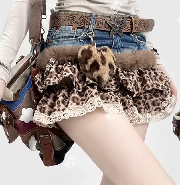 Vrouwelijke zomer Amerikaanse retro Y2k sexy cake luipaardprint rok mode persoonlijkheid lage taille kant splitsen vrije tijd denim rokken