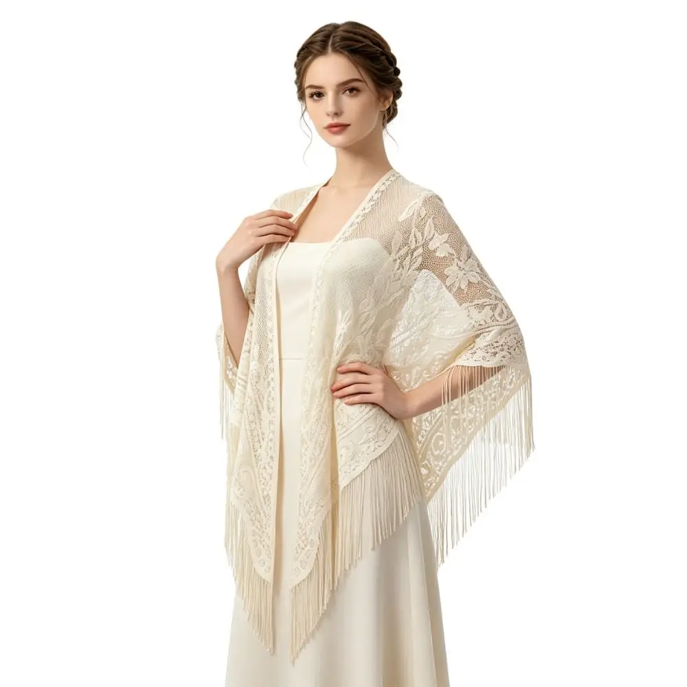 Floral Embroidery Women Lace Scarf Transparent Mesh With Tassels Evening Prom Cape Lightweight Tulle Hollow Mesh Scarf