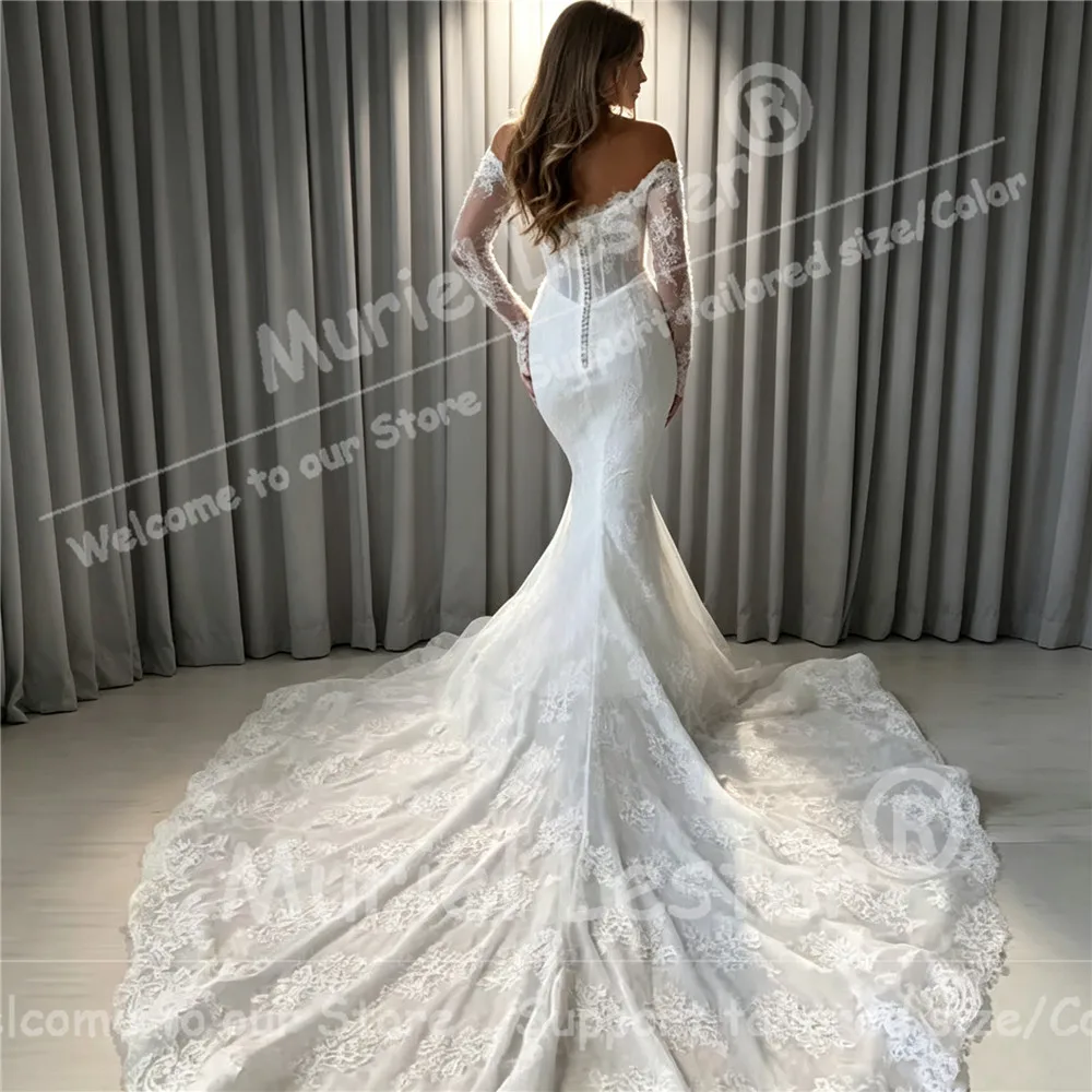 Handmade Lace Applique Mermaid Wedding Dresses Off Shoulder Long Sleeves Bridal Gowsn Customized Female Party Outfit Customized