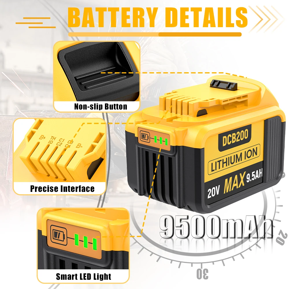 Imagem -04 - Bateria de Substituição Li-ion para Dewalt Tool Dcb200 Dcb609 Dcb206 Dcb209 Dcb205 6a Carregador Duplo 20v 9500mah