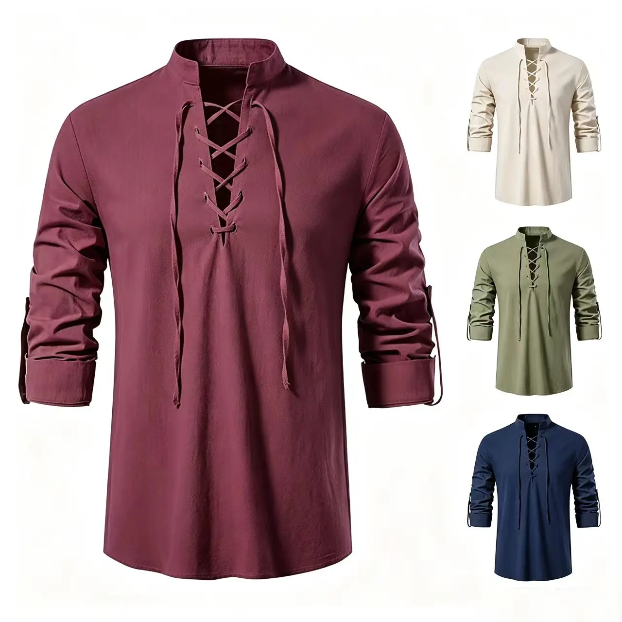 Men's Mandarin Collar Lace Up Shirt Long Sleeve Solid Medieval Pirate Casual Beach Blouse