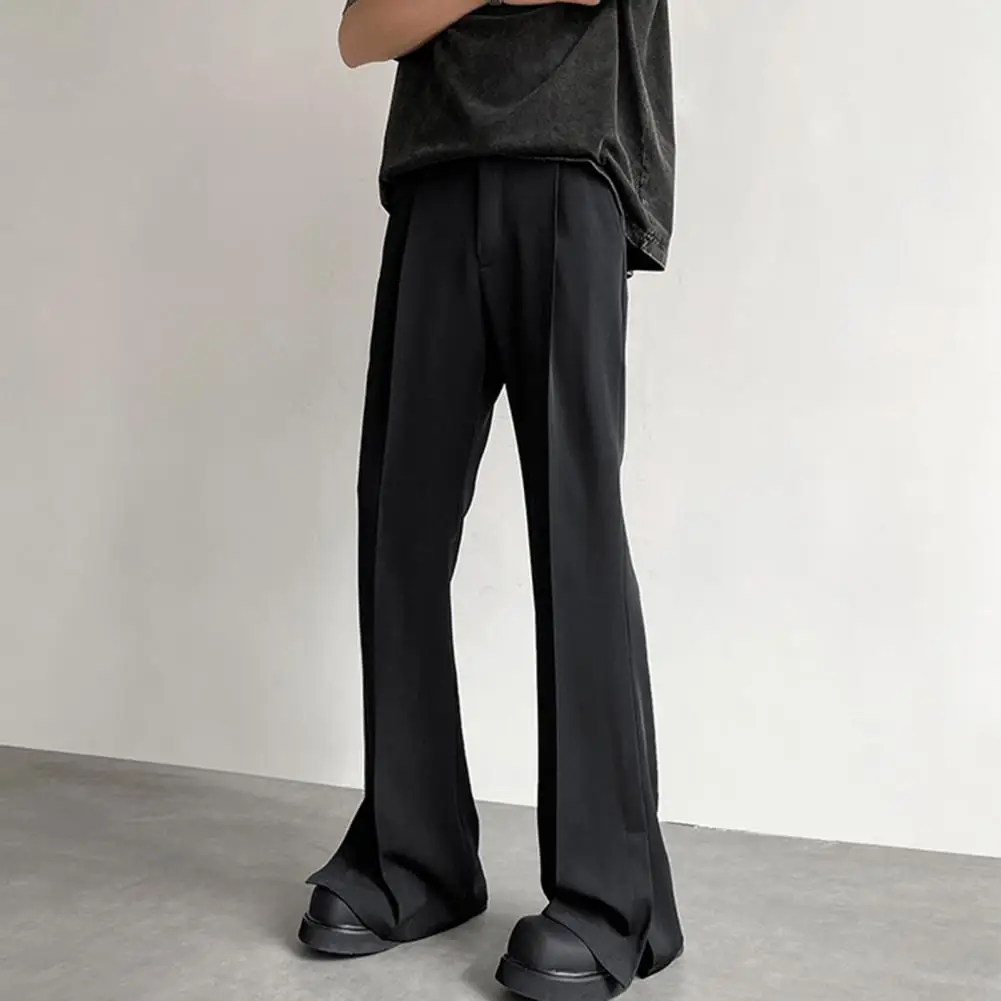 

Men Suit Pants Straight Wide Leg Loose Mid Waist Button Pants Formal Business Style Long Trousers High-slit Trousers For Men