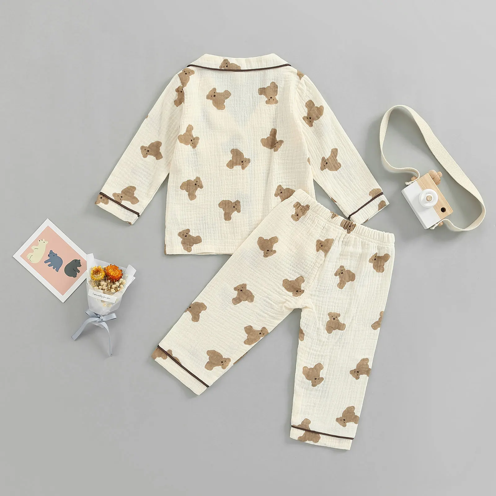 2022-07-06 Lioraitiin 0-6Years Kids Unisex Casual Pajama Suit Bear Printed Long Sleeve Front Pocket Lapel Tops Printed Long Pant