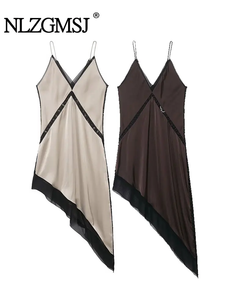 فستان NLZGMSJ نسائي مثير أنيق من الدانتيل البني غير متماثل برقبة على شكل V فستان حفلات بدون ظهر موضة خريف 2025 فستان سهرة #1