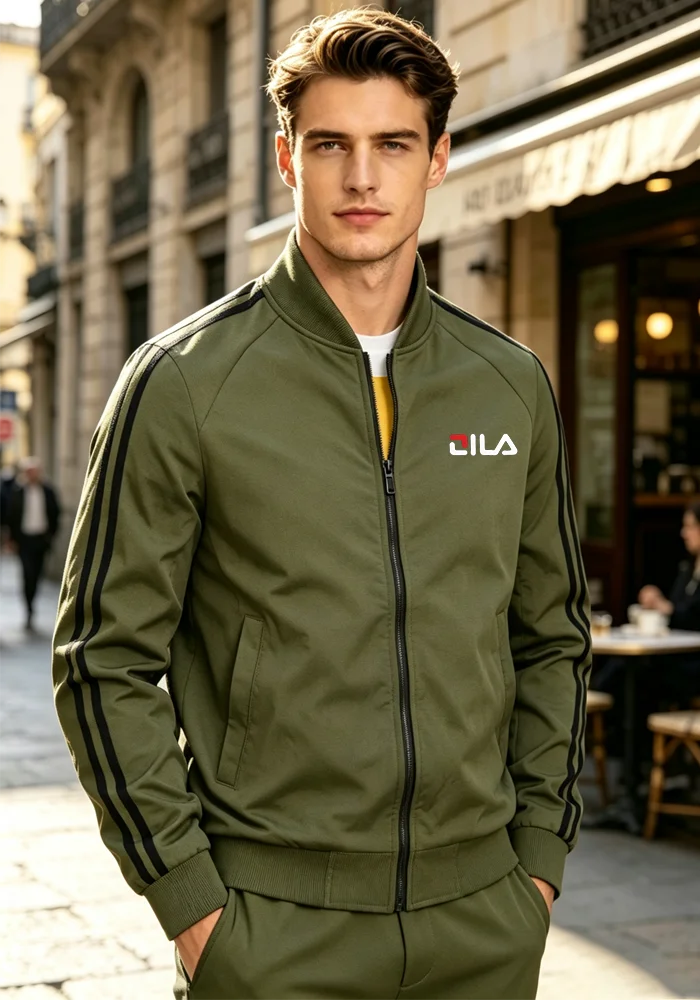 Fleece‑Lined Men Stand Collar Sports Jacket Classic Striped Sleeve Warm Casual Streetwear Winter Outer Coat