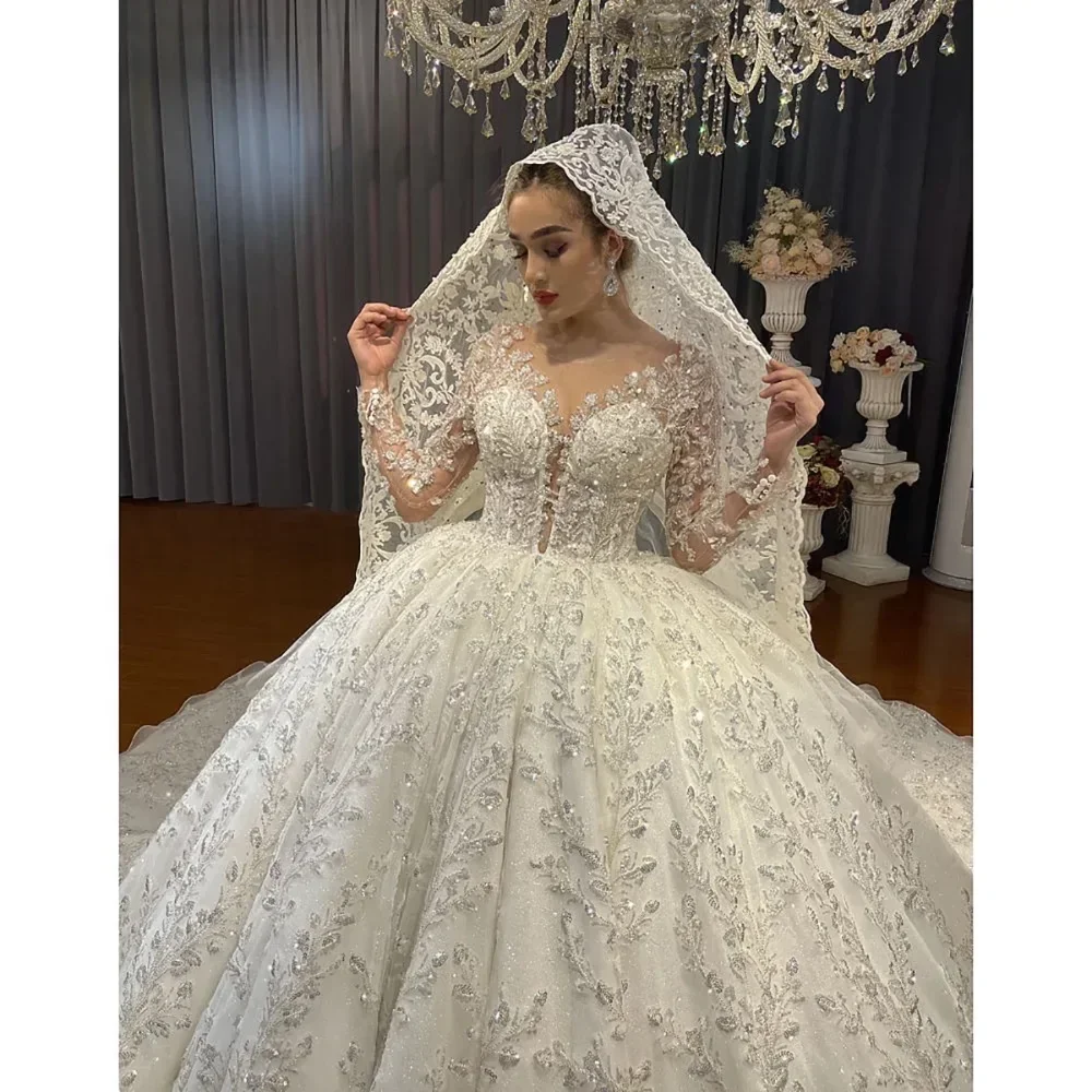 Robe De mariée personnalisée à manches longues pour femmes, avec des Appliques De paillettes, col rond, robe De mariée