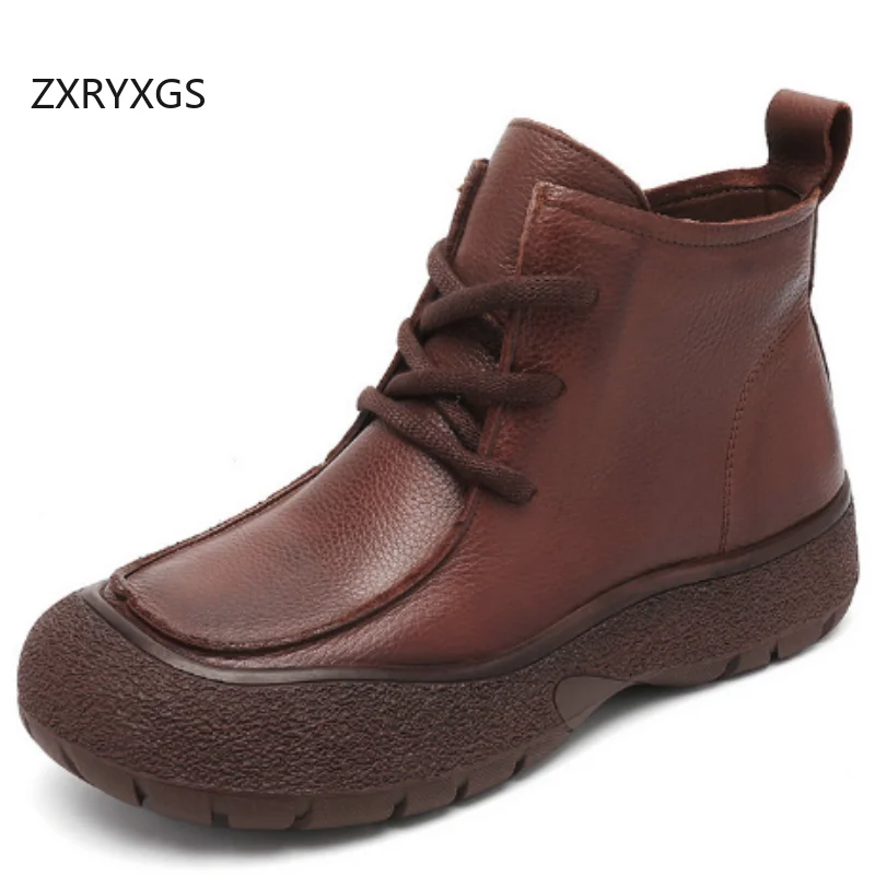 

ZXRYXGS Cross Tied Side Zipper Top Cowhide Real Leather Boots Trendy Sneakers Flat Platform Shoes Comfortable Women Boots 2025