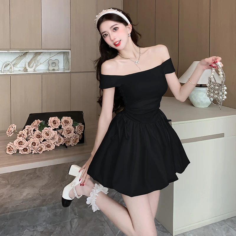 2024 Summer New Ballet Style Square Neck Drawstring Strap Flower Bud Dress Sweet Girl White Waist Short Skirt for women