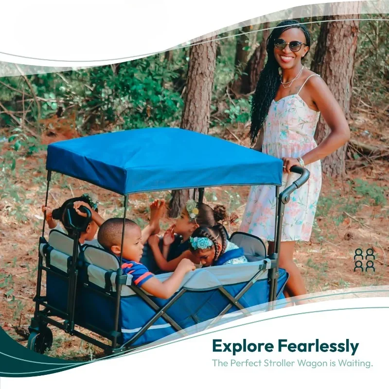 Quad Stroller Wagon (4 Seater) - Collapsible Wagon Stroller with Seats with 5-Point Harnesses, Adjustable Push Handle