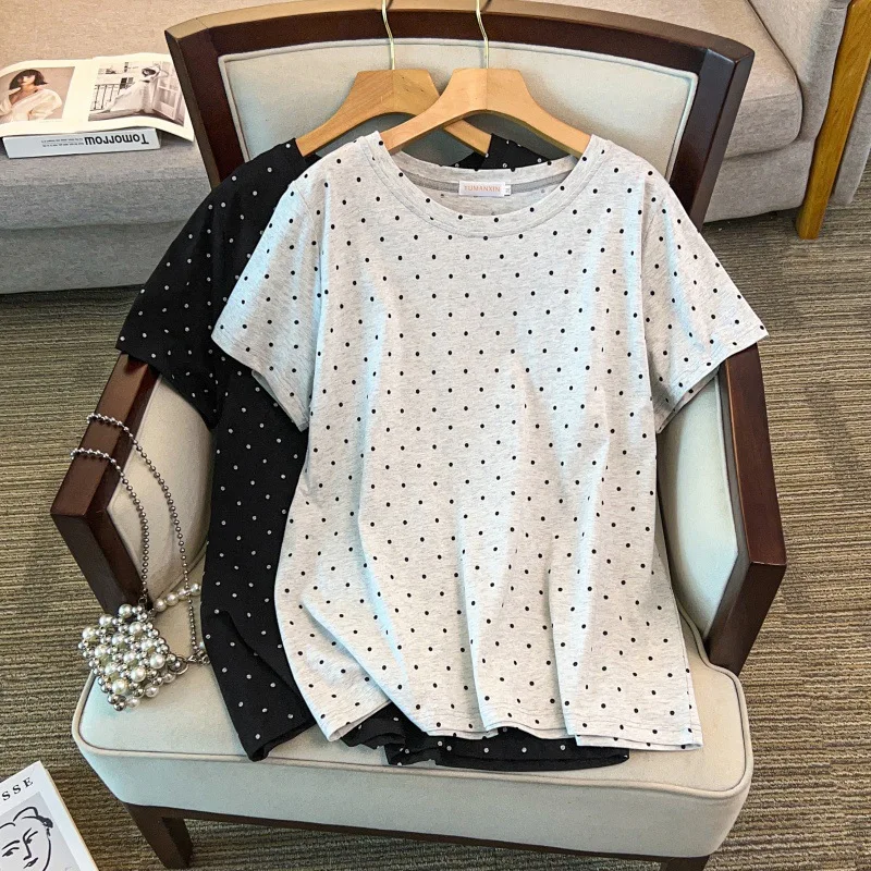 

170Kg Plus Size Women's Bust 170 Summer Loose Short Sleeve Round Neck Polka Dot T-Shirt 4XL 5XL 6XL 7XL 8XL 9XL