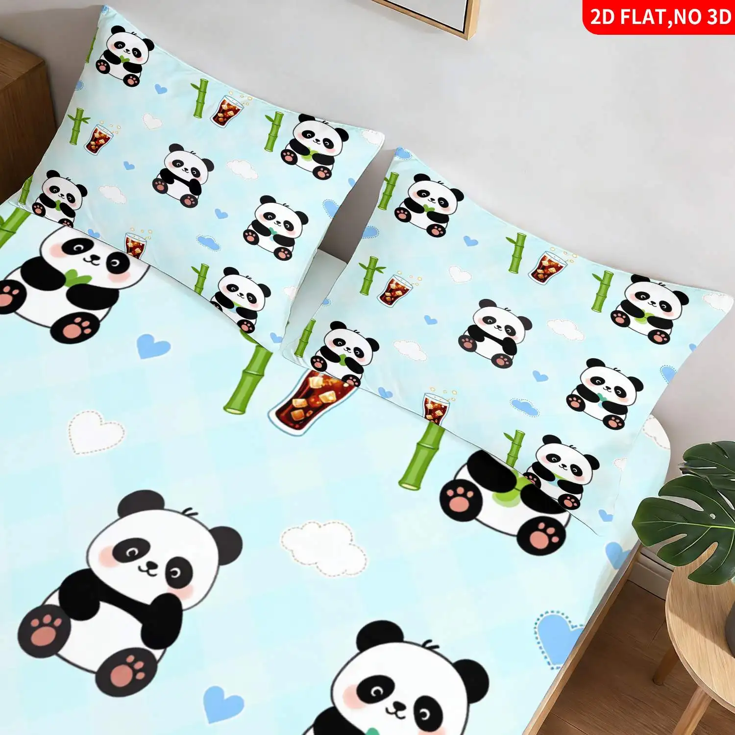 3-Piece Mattress Protector Set, 2D Flat Printed Fitted Sheet, Flat Printed Fitted Sheet with Panda and Bamboo in Light Blue, Home Bedroom Decoration, Holiday-Themed Fitted Sheet and Pillowcase, Mattress Protector, Stain-Resistant, Mattress Cover Suitable for All Seasons, Machine Washable, Easy to Care For, Suitable for Home Bedroom Use, Essential for Dormitories and Rentals, Master Bedroom and Guest Room Decoration, Dust-Proof and Stain-Resistant, High Elasticity, Fits Various Sizes