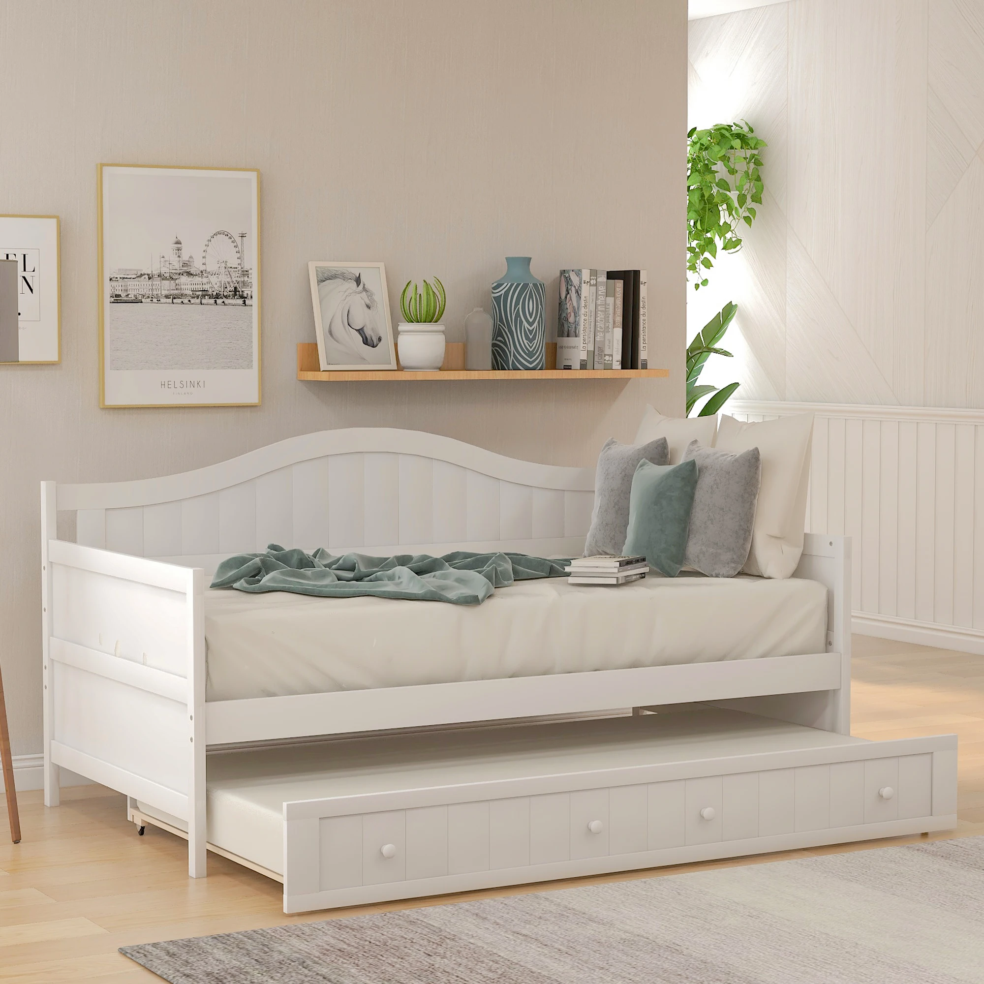 

White Twin Wooden Daybed with Trundle Bed - Space-Saving Sofa Bed for Bedroom Living Room 78.20x42.30x35.40 in.