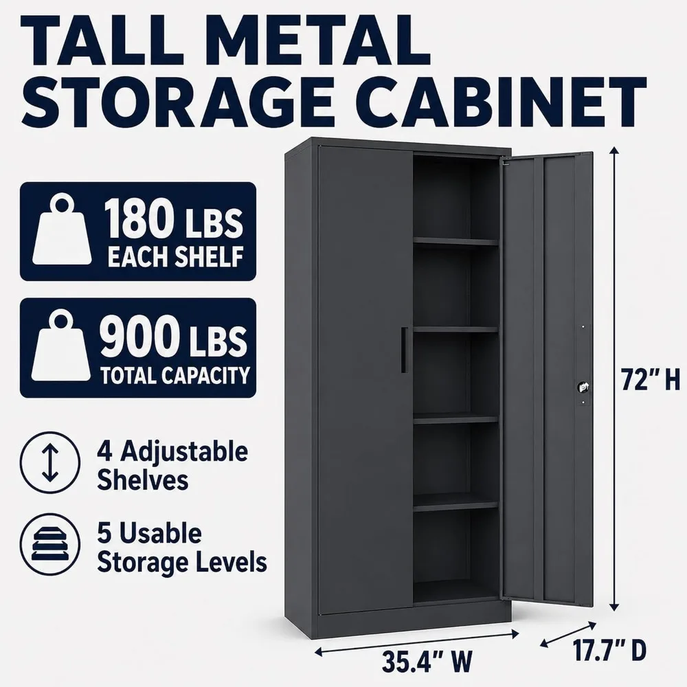 72 Inch Locking Metal Storage Cabinet with 4 Shelves for Garage, Office, Home