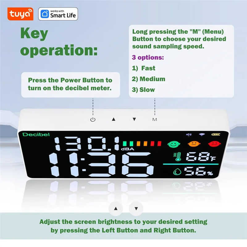เครื่องตรวจจับก๊าซคาร์บอนไดออกไซด์ ABKQ-Tuya Smart Wifi 5 in 1 พร้อมเครื่องวัดระดับเสียง เครื่องวัดอุณหภูมิ และเครื่องวัดความชื้น สำหรับบ้านและห้องเรียน