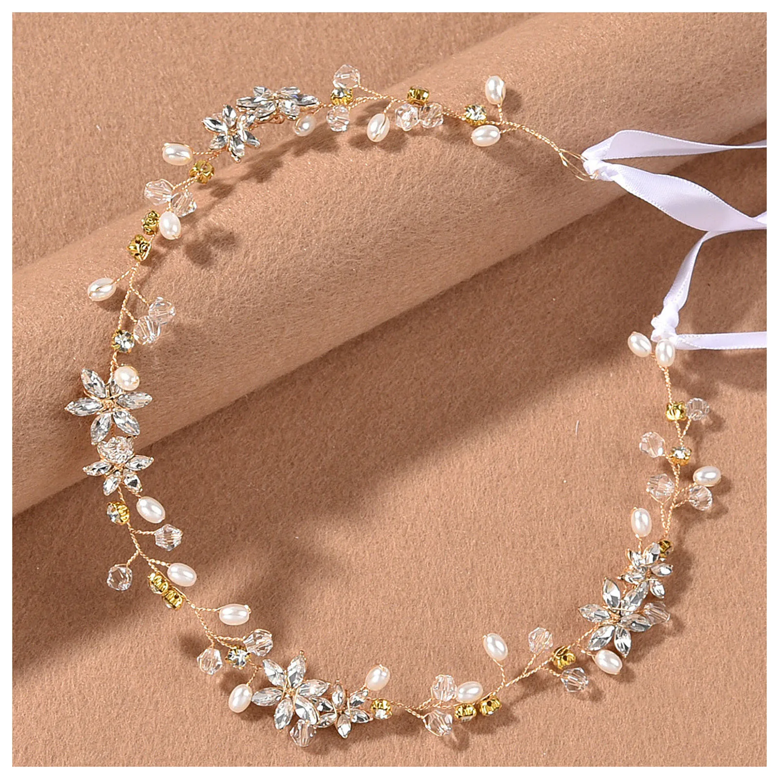 

Wedding Hairband Hair Jewelry Pearl Crystal Elegant Headpiece with Ribbon for Banquet Wedding Masquerade